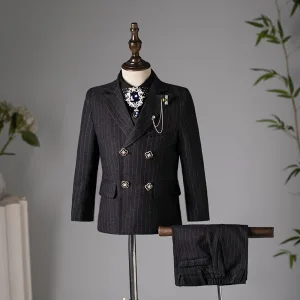 Mode Svarta Rhinestone 6 Delat Kostym Barn Bröllop 2025 Långärmad Organ Smycken Coat Byxor Skjorta Slips Väst Bröllop