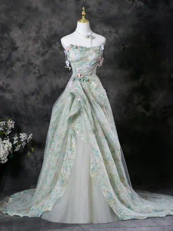 Chic Beautiful Sage Green Appliques Floral Prom Dresses 2025 A Line Princess Strapless Sleeveless Backless Sweep Train Formal Dresses