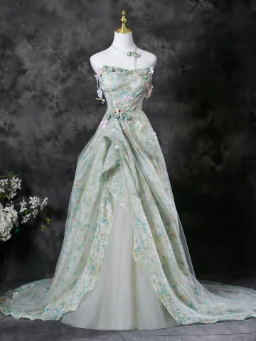 Chic Beautiful Sage Green Appliques Floral Prom Dresses 2025 A Line Princess Strapless Sleeveless Backless Sweep Train Formal Dresses