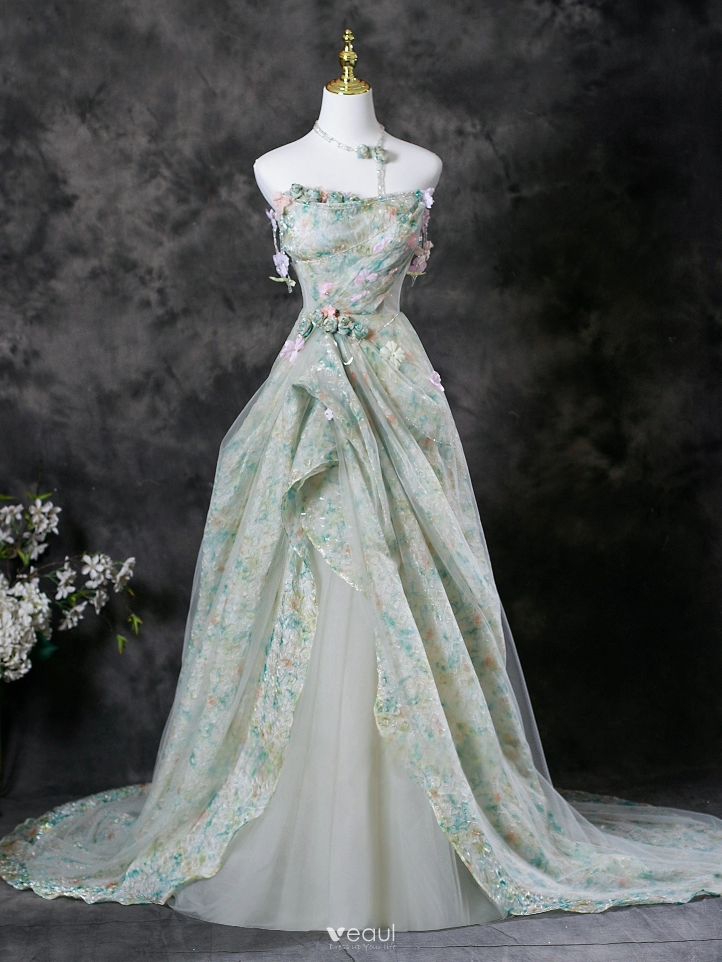 Chic Beautiful Sage Green Appliques Floral Prom Dresses 2025 A-Line Princess Strapless Chic Beautiful Sage Green Appliques Floral Prom Dresses 2025 A-Line Princess Strapless