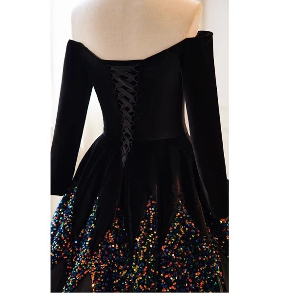 Chic / Beautiful Black Sequins Prom Dresses 2023 A-Line / Princess Off-The-Shoulder 3/4 Sleeve Backless Floor-Length / Long Formal Dresses