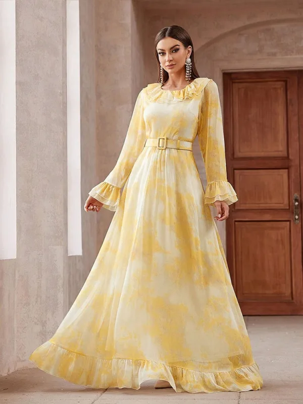 Élégant Jaune Robe De Bal 2025 Princesse Encolure Dégagée Manches de cloche Longue Promo Robe De Ceremonie