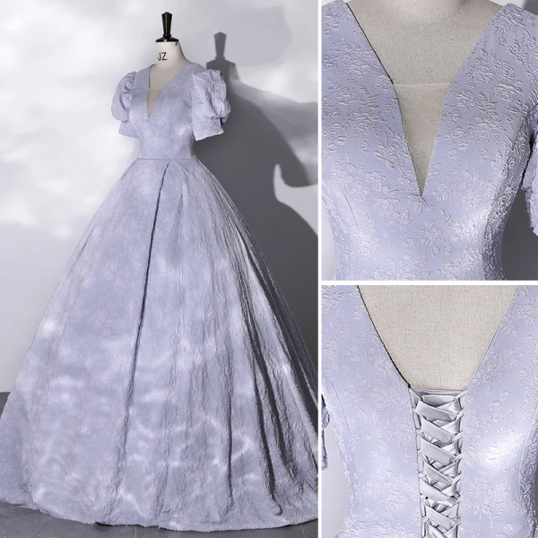 Elegant Sky Blue Prom Dresses 2022 Ball Gown V-Neck Puffy Short Sleeve Backless Sweep Train Formal Dresses