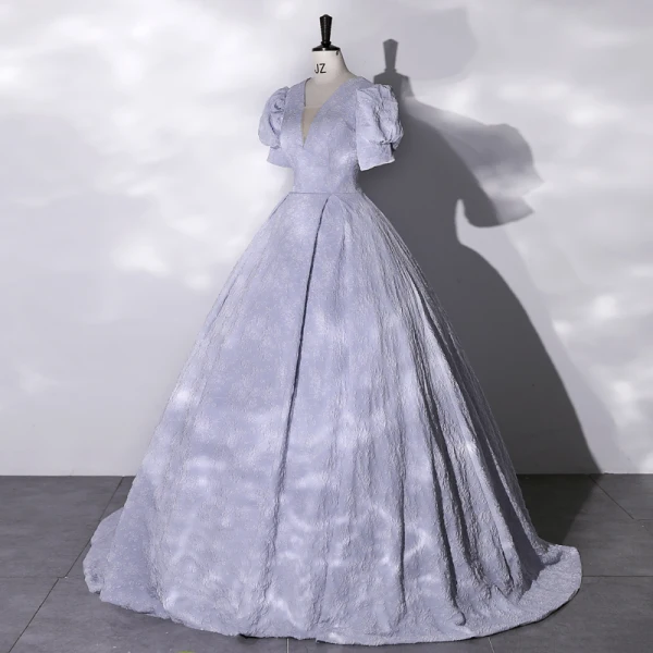 Elegant Sky Blue Prom Dresses 2022 Ball Gown V-Neck Puffy Short Sleeve Backless Sweep Train Formal Dresses
