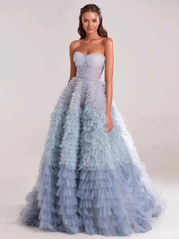 Charming Sky Blue Pleated Prom Dresses 2025 A-Line / Princess Strapless Sleeveless Backless Floor-Length / Long Formal Dresses