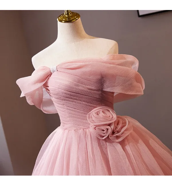 Elegant Blushing Pink Flower Prom Dresses 2024 Ball Gown Off-The-Shoulder Short Sleeve Backless Sweep Train Prom Formal Dresses