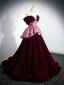 Elegant Burgundy Beading Pearl Sequins Flower Prom Dresses 2024 Velvet Ball Gown Off-The-Shoulder Short Sleeve Backless Sweep Train Prom Formal Dresses