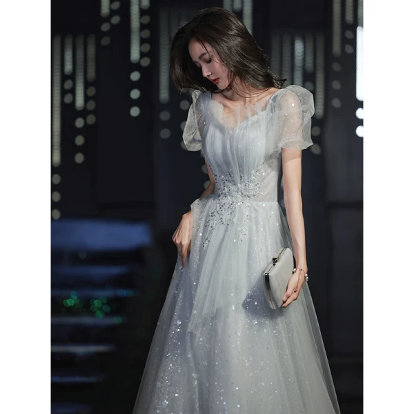 Bling Bling Grey Sequins Prom Dresses 2023 A-Line / Princess V-Neck Short Sleeve Backless Floor-Length / Long Prom Formal Dresses
