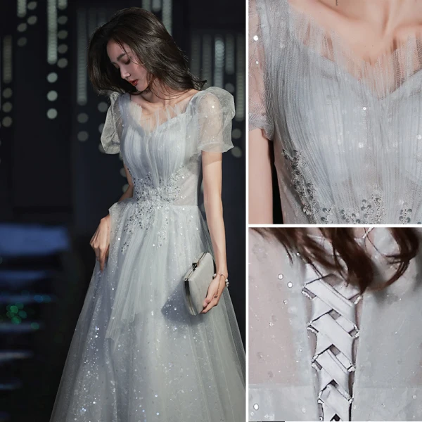 Bling Bling Grey Sequins Prom Dresses 2023 A-Line / Princess V-Neck Short Sleeve Backless Floor-Length / Long Prom Formal Dresses
