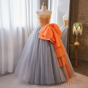 Élégant Orange Perlage Robe De Bal 2023 Robe Boule Bustier Sans Manches Dos Nu Noeud Longue Promo Robe De Ceremonie