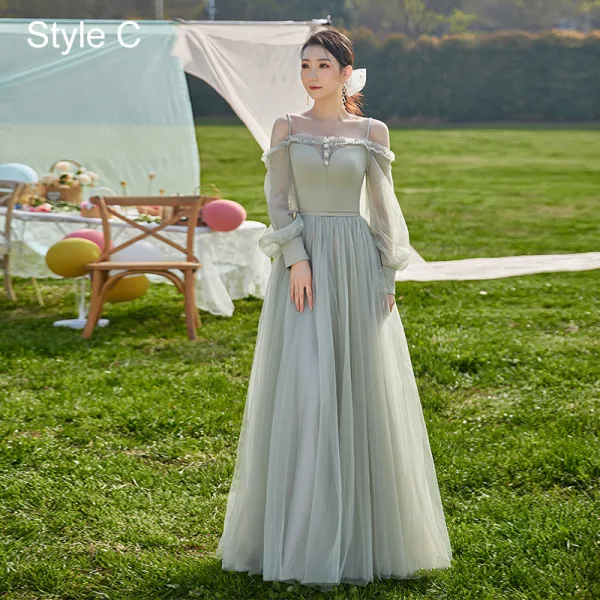 Modest / Simple Mint Green Bow Bridesmaid Dresses 2022 A-Line / Princess Short Sleeve Backless Floor-Length / Long Wedding Party Dresses