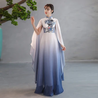 Vintage Kinesisk Stil Gradient Farge Hav Blå Ballkjoler 2023 Prinsesse Høy Hals Korte Ermer Appliques Lange Ball Formelle Kjoler