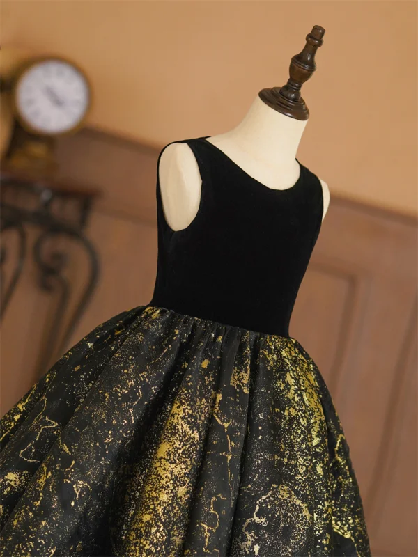 Elegant Gold Black Birthday Flower Girl Dresses 2024 Ball Gown Scoop Neck Sleeveless Floor-Length / Long