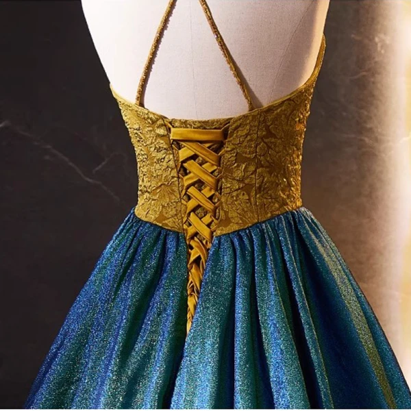 Vintage / Retro Bluish Green Glitter A-Line / Princess Prom Dresses 2023 Halter Sleeveless Backless Floor-Length / Long Formal Dresses