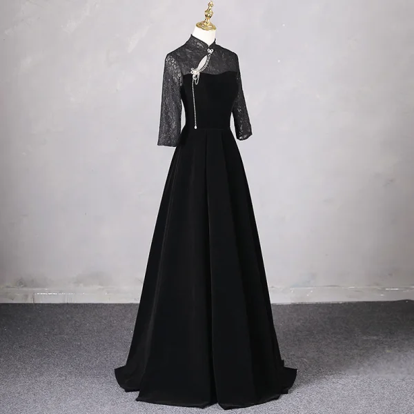 Chinese style Black Prom Dresses 2024 A-Line / Princess High Neck Short Sleeve Backless Floor-Length / Long Prom Formal Dresses