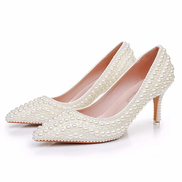 Elegante Abrikoos / Beige Parel Huwelijk Pumps Hoge Hakken 2025 7 cm Naaldhakken / Stiletto Spitse Neus Bruidsschoenen