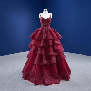 High End Burgundy Beading Pearl Lace Flower Cascading Ruffles Prom Dresses 2022 A Line Princess Spaghetti Straps Sleeveless Backless Floor Length Long Formal Dresses