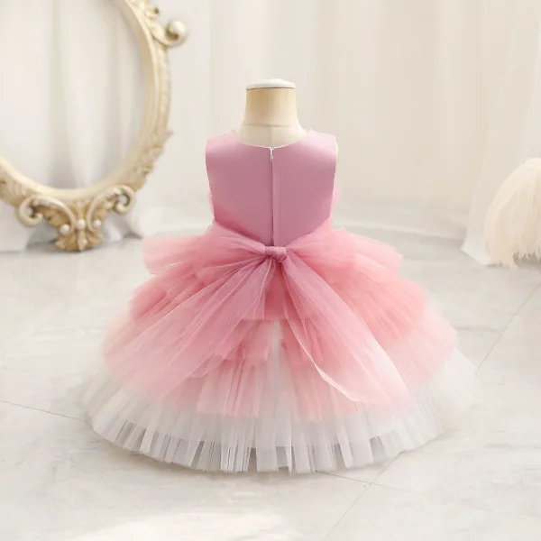 Chic / Beautiful Sky Blue Cascading Ruffles Birthday Flower Girl Dresses 2023 Ball Gown Scoop Neck Sleeveless Pearl Sash Floor-Length / Long Flower Girl Dresses