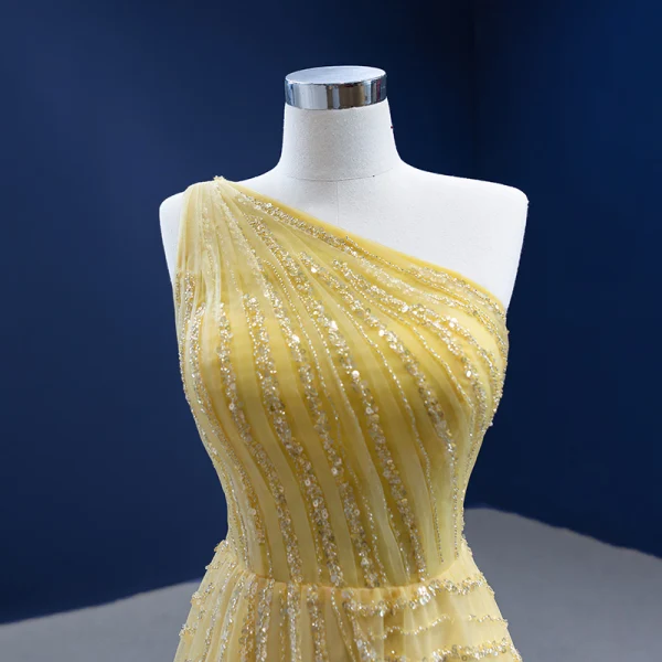 Chic / Beautiful Yellow Summer Sequins Prom Dresses 2022 A-Line / Princess One-Shoulder Sleeveless Backless Split Front Sweep Train Formal Dresses