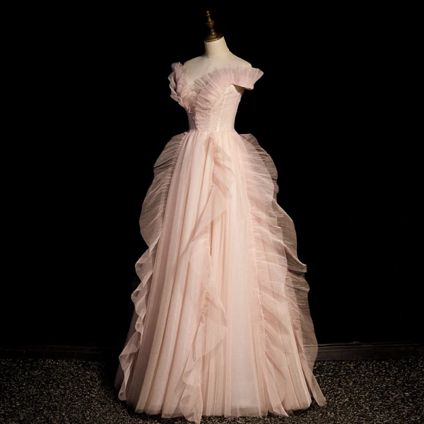 Charming Blushing Pink Prom Dresses 2022 A-Line / Princess Off-The-Shoulder Pearl Sequins Ruffle Sleeveless Backless Floor-Length / Long Prom Formal Dresses