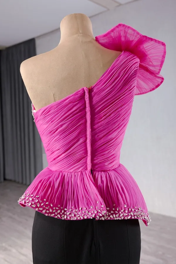 High-end Fuchsia Rhinestone Prom Dresses 2024 Trumpet / Mermaid One-Shoulder Appliques Sleeveless Backless Floor-Length / Long Prom Formal Dresses