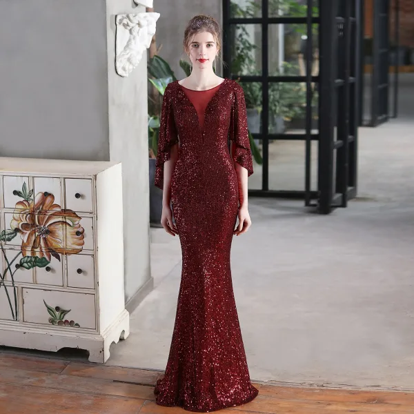 Sparkly Black Sequins Evening Dresses 2022 Trumpet / Mermaid Scoop Neck 1/2 Sleeves Floor-Length / Long Evening Party Formal Dresses
