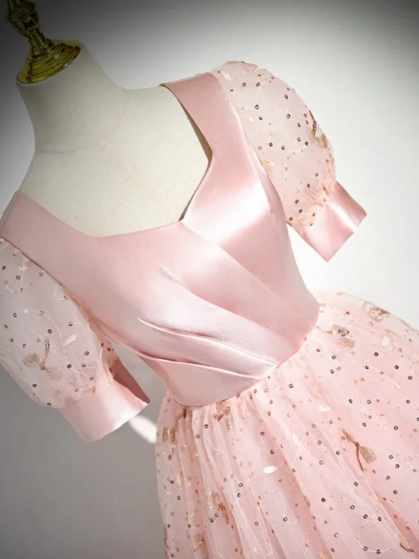 Chic / Belle Rougissant Rose Paillettes Robe De Bal 2024 Princesse Encolure Carrée Manches Courtes Dos Nu Longue Promo Robe De Ceremonie