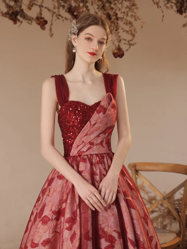 Chic / Beautiful Burgundy Sequins Printing Prom Dresses 2023 A-Line / Princess Off-The-Shoulder Short Sleeve Backless Floor-Length / Long Formal Dresses