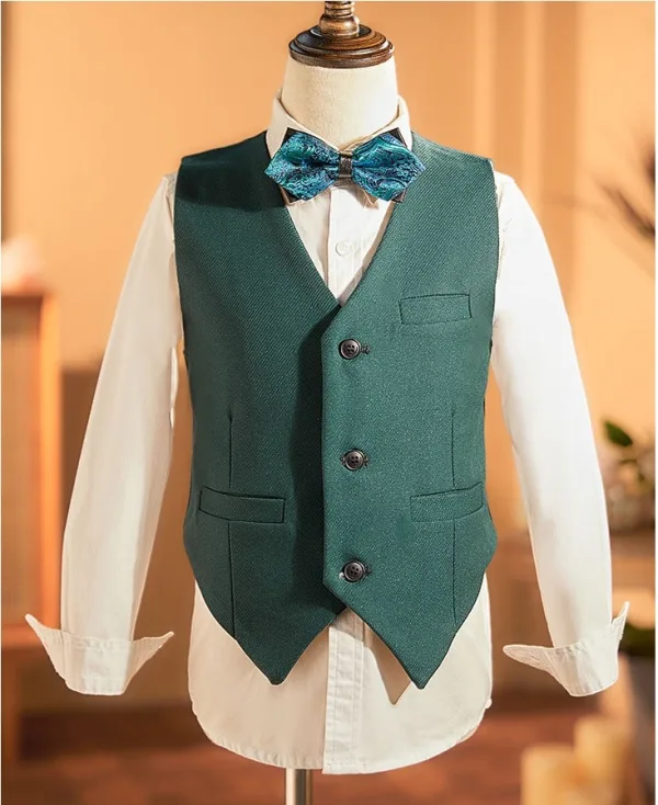 Fall Winter Dark Green Long Sleeve 6-piece Boys Wedding Suits 2025 Body Jewellery Coat Pants Shirt Tie Vest