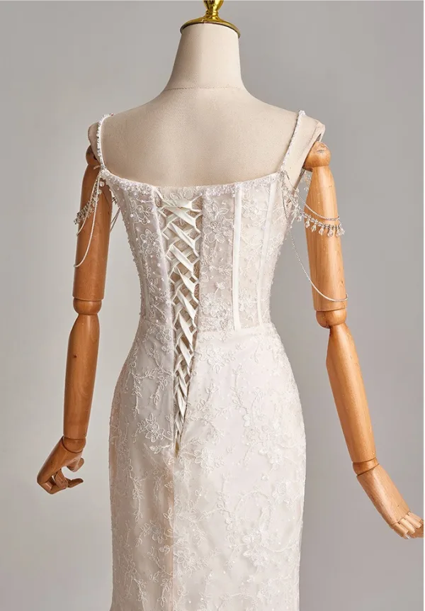 Simple Ivoire Perle Paillettes En Dentelle Légère Robe De Mariée 2025 Trompette / Sirène Bretelles Spaghetti Sans Manches Dos Nu Train De Balayage