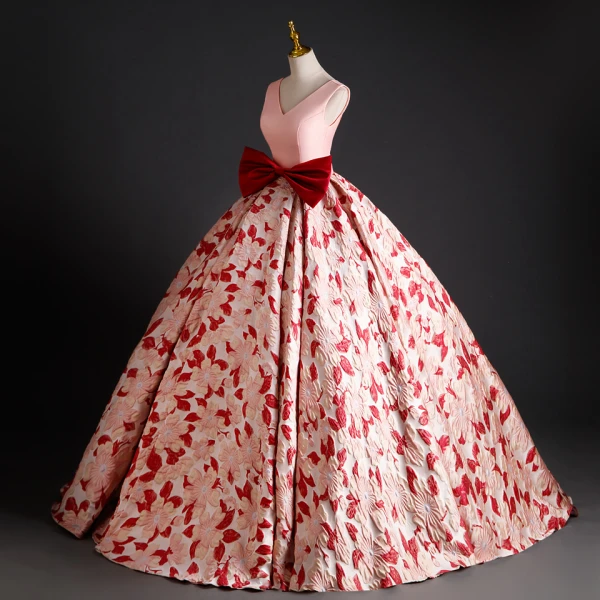 Lovely Blushing Pink Printing Prom Dresses 2023 Ball Gown V-Neck Sleeveless Backless Bow Floor-Length / Long Prom Formal Dresses