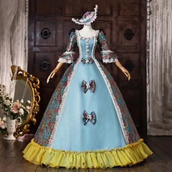Vintage Originale Médiévale Bleu Ciel Noeud Impression Robe De Bal 2026 Robe Boule Encolure Carrée Manches De Cloche Dos Nu Longue Robe De Ceremonie