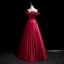 Elegant Burgundy Appliques Satin Prom Dresses 2024 A-Line / Princess Off-The-Shoulder Sleeveless Backless Floor-Length / Long Prom Formal Dresses