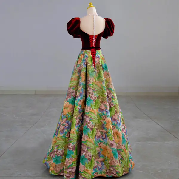 Elegant Burgundy Embroidered Prom Dresses 2022 A-Line / Princess Square Neckline Short Sleeve Backless Bow Sash Floor-Length / Long Prom Formal Dresses