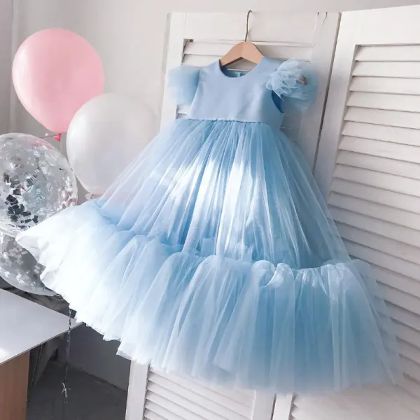 Modest / Simple Sky Blue Birthday Flower Girl Dresses 2023 A-Line / Princess Scoop Neck Sleeveless Bow Sash Floor-Length / Long Flower Girl Dresses