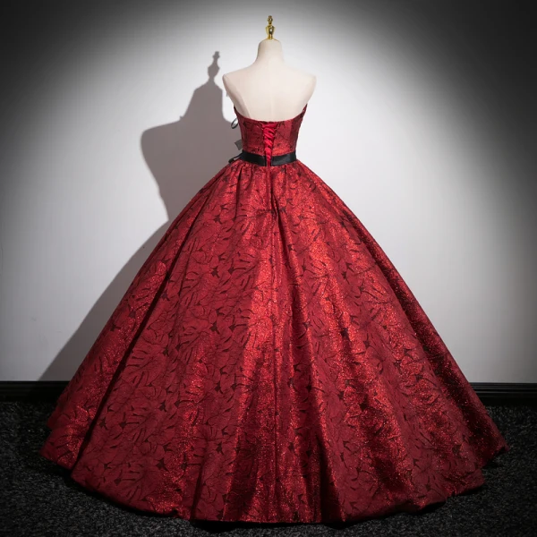 Vintage / Retro Glitter Burgundy Prom Dresses 2023 Ball Gown Strapless Sleeveless Backless Bow Sash Floor-Length / Long Prom Formal Dresses