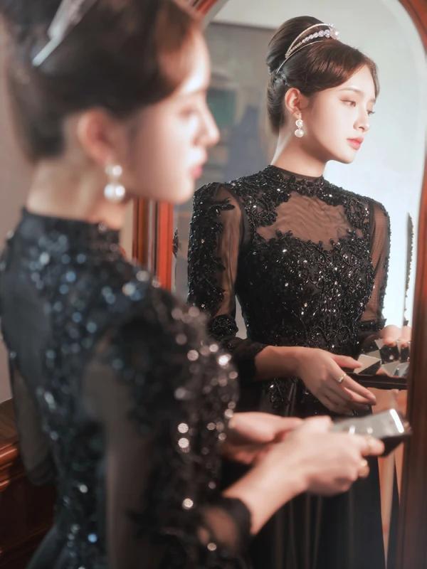 Vintage / Retro Black Beading Rhinestone Sequins Evening Dresses 2023 A-Line / Princess High Neck 3/4 Sleeve Floor-Length / Long Evening Party Formal Dresses