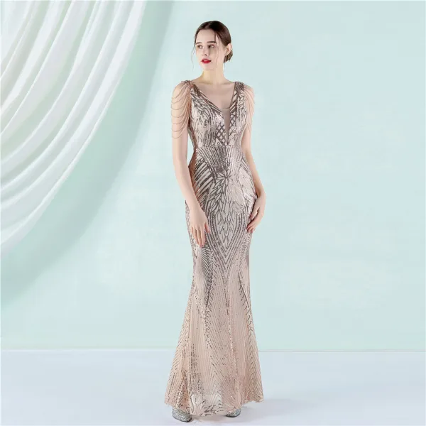 Sparkly Black Sequins Evening Dresses 2022 Trumpet / Mermaid V-Neck Beading Sleeveless Floor-Length / Long Evening Party Formal Dresses