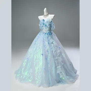 High End Sky Blue Beading Sequins Appliques Prom Dresses 2025 Ball Gown Off The Shoulder Short Sleeve Backless Floor Length Long Formal Dresses