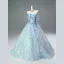 High-end Sky Blue Beading Sequins Appliques Prom Dresses 2025 Ball Gown Off-The-Shoulder Short Sleeve Backless Floor-Length / Long Formal Dresses