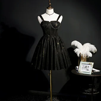 Fashion Black Sequins Short Party Dresses 2022 A Line Princess Spaghetti Straps Backless Sleeveless Formal Dresses