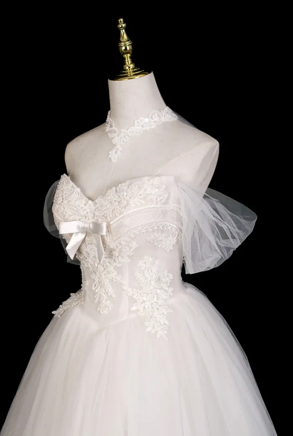 Simple Légère Blanche Perlage Perle En Dentelle Fleur Robe De Mariée 2025 Princesse De l'épaule Manches Courtes Dos Nu Longue Mariage
