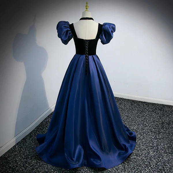 Elegant Navy Blue Suede Prom Dresses 2022 A-Line / Princess Off-The-Shoulder Puffy Short Sleeve Backless Sweep Train Formal Dresses