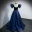 Elegant Navy Blue Suede Prom Dresses 2022 A-Line / Princess Off-The-Shoulder Puffy Short Sleeve Backless Sweep Train Formal Dresses