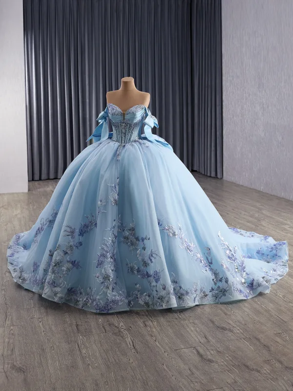Luxury / Gorgeous Sky Blue Handmade  Beading Sequins Lace Flower Prom Dresses 2025 Ball Gown Off-The-Shoulder Sleeveless Backless Bow Floor-Length / Long