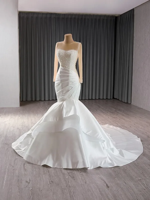 High-end Elegant White Pearl Sequins Satin Wedding Dresses 2024 Trumpet / Mermaid Scoop Neck Long Sleeve Floor-Length / Long Wedding