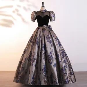Vintage Originale Noire Impression Noeud Robe De Bal 2025 Robe Boule Col Haut Gonflée Manches Courtes Dos Nu Longue Promo Robe De Ceremonie