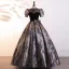 Vintage / Retro Black Printing Bow Prom Dresses 2025 Ball Gown High Neck Puffy Short Sleeve Backless Floor-Length / Long Prom Formal Dresses