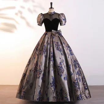 Vintage Schwarz Drucken Schleife Ballkleider 2025 Ballkleid Stehkragen Geschwollenes Kurze Ärmel Rückenfreies Lange Ball Festliche Kleider