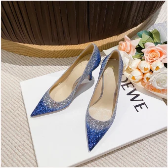 Sparkly Hav Blå Paljetter Aften Pumps 2023 Lær 8 Cm Stiletthæler Spisse Pumps Høyhælte